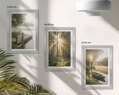 Juego de 3 cuadros decorativos Un lago tranquilo, un bosque y un barco en la niebla matutina.