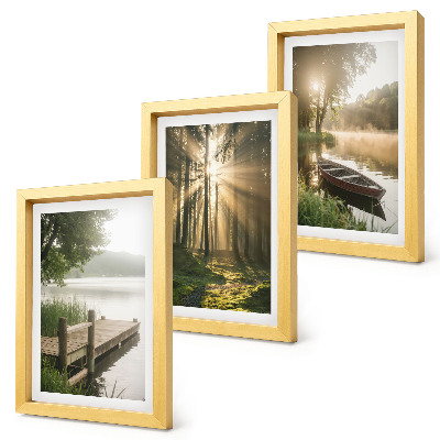 Juego de 3 cuadros decorativos Un lago tranquilo, un bosque y un barco en la niebla matutina.