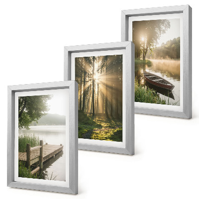 Juego de 3 cuadros decorativos Un lago tranquilo, un bosque y un barco en la niebla matutina.