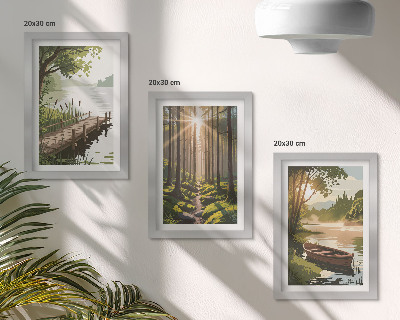 Tríptico enmarcado Paisajes tranquilos del bosque y el lago con un barco.