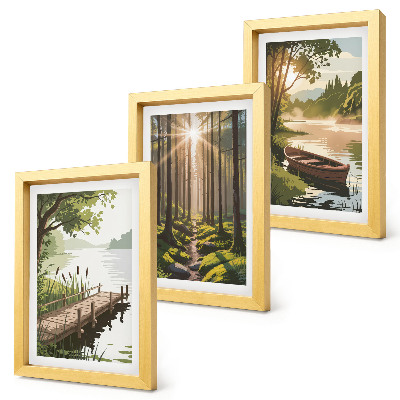 Tríptico enmarcado Paisajes tranquilos del bosque y el lago con un barco.