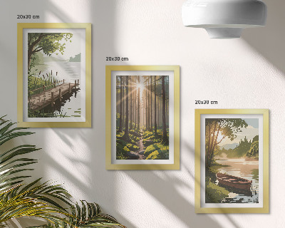 Tríptico enmarcado Paisajes tranquilos del bosque y el lago con un barco.