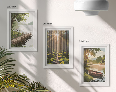 Tríptico enmarcado Paisajes tranquilos del bosque y el lago con un barco.
