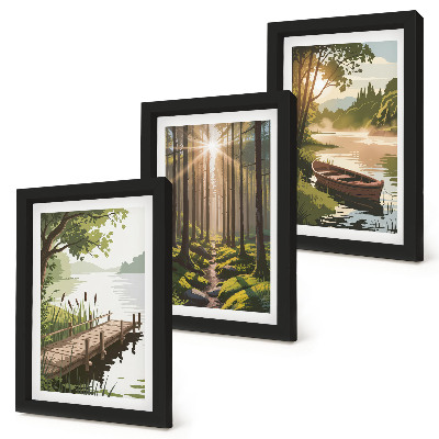 Tríptico enmarcado Paisajes tranquilos del bosque y el lago con un barco.