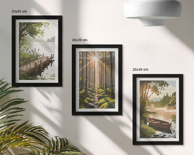 Tríptico enmarcado Paisajes tranquilos del bosque y el lago con un barco.