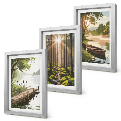 Tríptico enmarcado Paisajes tranquilos del bosque y el lago con un barco.