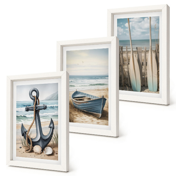 Juego de 3 cuadros decorativos Ancla de barco y remos en la playa con el mar