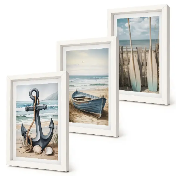 Juego de 3 cuadros decorativos con diseño de ancla de barco y remos en la playa