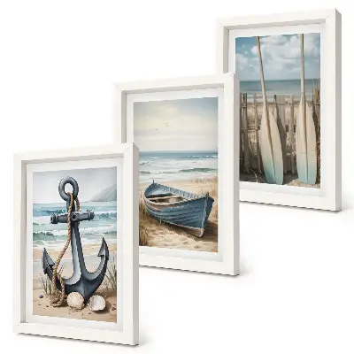 Juego de 3 cuadros decorativos con diseño de ancla de barco y remos en la playa