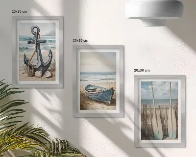 Juego de 3 cuadros decorativos con diseño de ancla de barco y remos en la playa