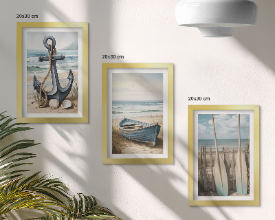 Juego de 3 cuadros decorativos Ancla de barco y remos en la playa con el mar