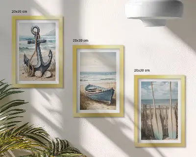 Juego de 3 cuadros decorativos con diseño de ancla de barco y remos en la playa