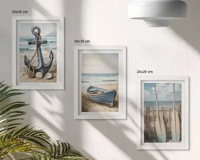 Juego de 3 cuadros decorativos con diseño de ancla de barco y remos en la playa