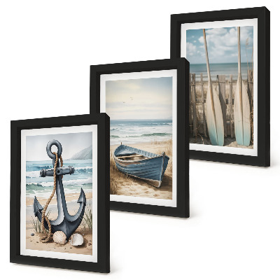 Juego de 3 cuadros decorativos Ancla de barco y remos en la playa con el mar