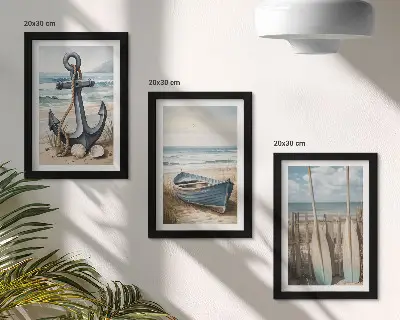 Juego de 3 cuadros decorativos con diseño de ancla de barco y remos en la playa