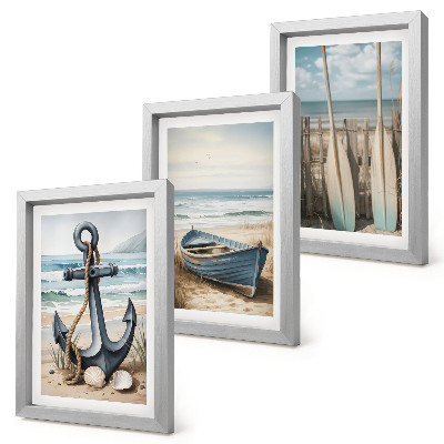 Juego de 3 cuadros decorativos Ancla de barco y remos en la playa con el mar
