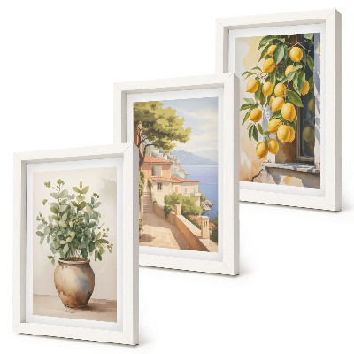Juego de 3 cuadros decorativos Flores en un jarrón con vistas al mar y limones.