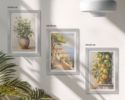 Juego de 3 cuadros decorativos Flores en un jarrón con vistas al mar y limones.