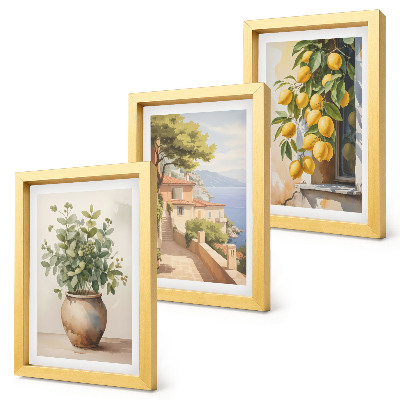 Juego de 3 cuadros decorativos Flores en un jarrón con vistas al mar y limones.