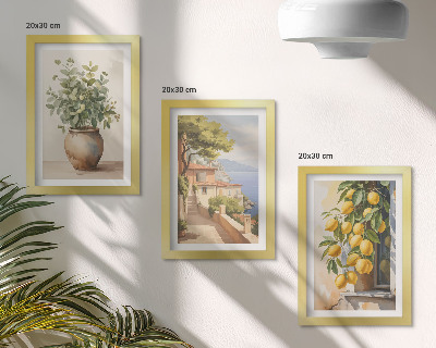 Juego de 3 cuadros decorativos Flores en un jarrón con vistas al mar y limones.