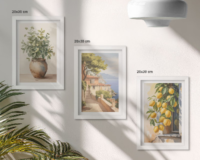 Juego de 3 cuadros decorativos Flores en un jarrón con vistas al mar y limones.