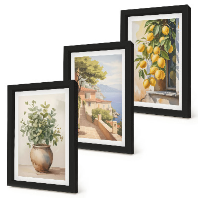 Juego de 3 cuadros decorativos Flores en un jarrón con vistas al mar y limones.
