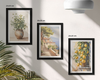 Juego de 3 cuadros decorativos Flores en un jarrón con vistas al mar y limones.