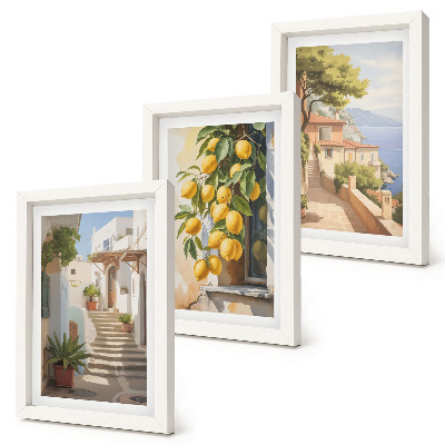 Tríptico enmarcado Calles encantadoras con limones y vistas al mar.