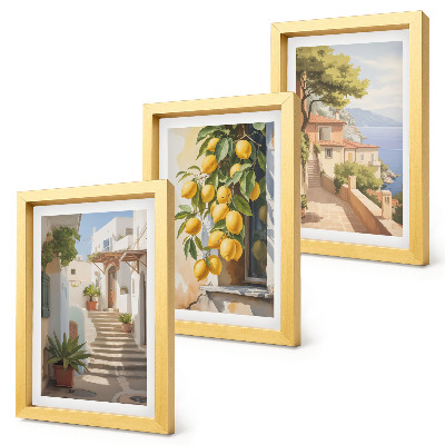 Tríptico enmarcado Calles encantadoras con limones y vistas al mar.