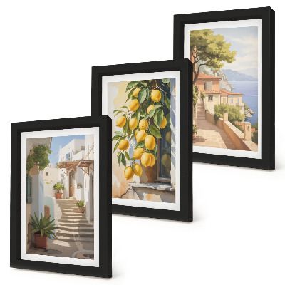 Tríptico enmarcado Calles encantadoras con limones y vistas al mar.