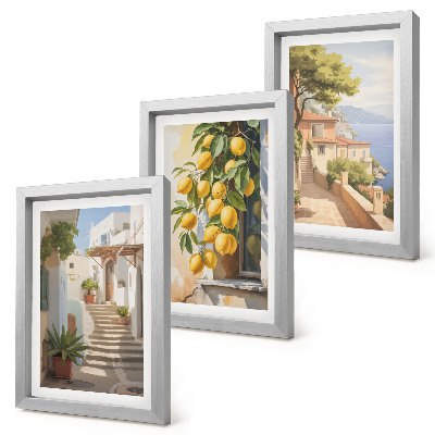 Tríptico enmarcado Calles encantadoras con limones y vistas al mar.