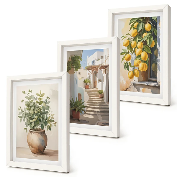 Juego de 3 cuadros decorativos con diseño de plantas en macetas y limones sobre fondo de calle