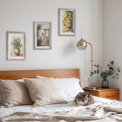 Juego de 3 cuadros decorativos con diseño de plantas en macetas y limones sobre fondo de calle