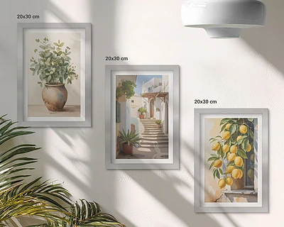 Juego de 3 cuadros decorativos con diseño de plantas en macetas y limones sobre fondo de calle