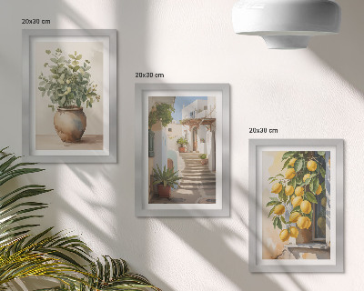 Juego de 3 cuadros decorativos Plantas en macetas y limones con el telón de fondo de una calle.