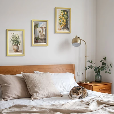 Juego de 3 cuadros decorativos con diseño de plantas en macetas y limones sobre fondo de calle