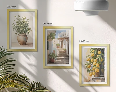 Juego de 3 cuadros decorativos con diseño de plantas en macetas y limones sobre fondo de calle