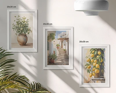 Juego de 3 cuadros decorativos con diseño de plantas en macetas y limones sobre fondo de calle