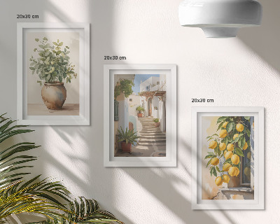 Juego de 3 cuadros decorativos Plantas en macetas y limones con el telón de fondo de una calle.