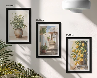 Juego de 3 cuadros decorativos con diseño de plantas en macetas y limones sobre fondo de calle