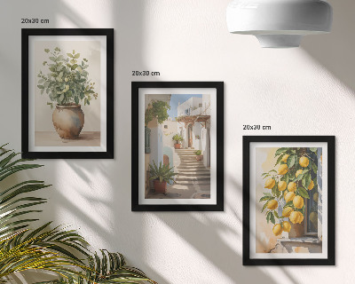Juego de 3 cuadros decorativos Plantas en macetas y limones con el telón de fondo de una calle.