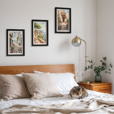 Tríptico enmarcado Calles pintorescas con casas y plantas en macetas