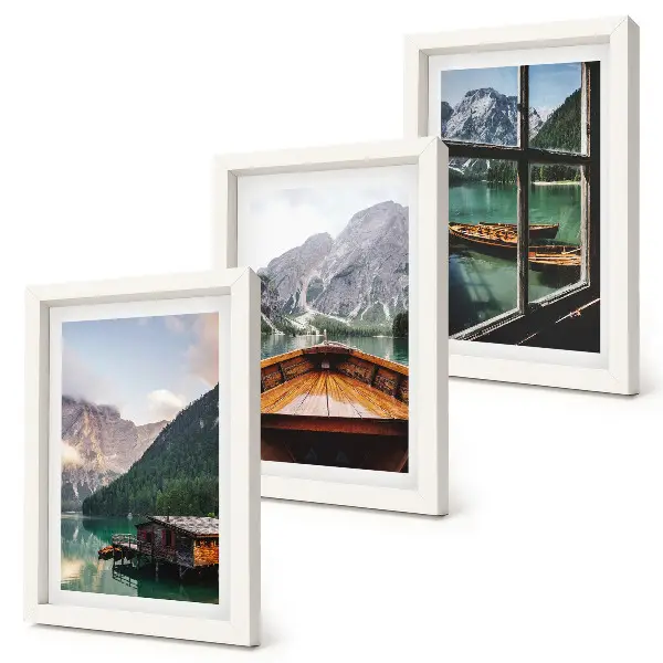 Juego de 3 cuadros decorativos con paisaje de lago de montaña, bote y casas de madera