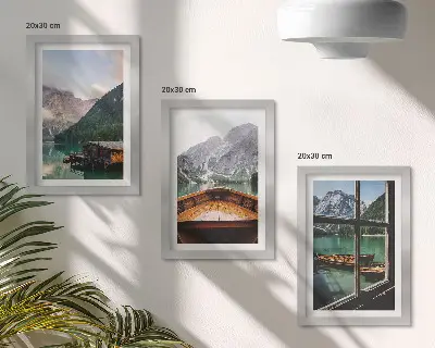 Juego de 3 cuadros decorativos con paisaje de lago de montaña, bote y casas de madera