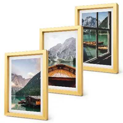 Juego de 3 cuadros decorativos con paisaje de lago de montaña, bote y casas de madera
