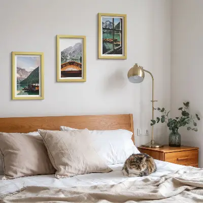 Juego de 3 cuadros decorativos con paisaje de lago de montaña, bote y casas de madera