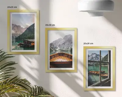 Juego de 3 cuadros decorativos con paisaje de lago de montaña, bote y casas de madera