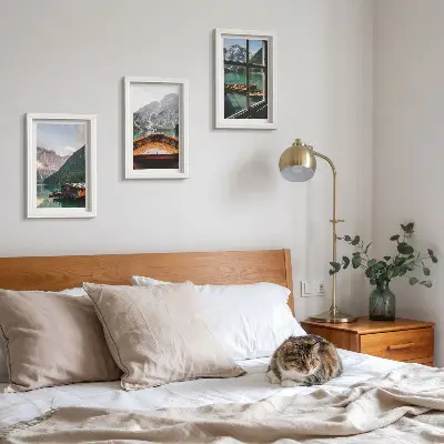 Juego de 3 cuadros decorativos con paisaje de lago de montaña, bote y casas de madera