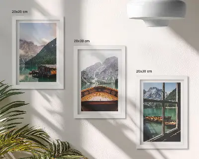 Juego de 3 cuadros decorativos con paisaje de lago de montaña, bote y casas de madera