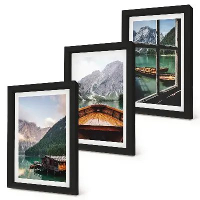 Juego de 3 cuadros decorativos con paisaje de lago de montaña, bote y casas de madera